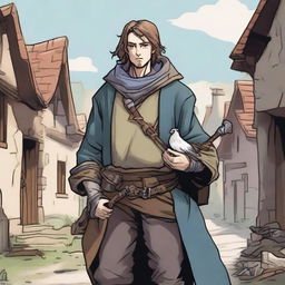 A high-quality comic-style illustration features a fantasy DnD fighter, depicted as a homeless vagrant in a medieval village