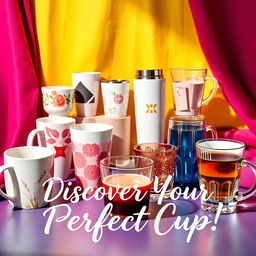 A vibrant advertisement featuring an assortment of beautiful and stylish cups