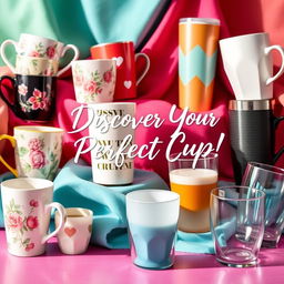 A vibrant advertisement featuring an assortment of beautiful and stylish cups