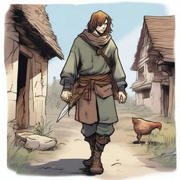 A high-quality comic-style illustration features a fantasy DnD fighter, depicted as a homeless vagrant in a medieval village