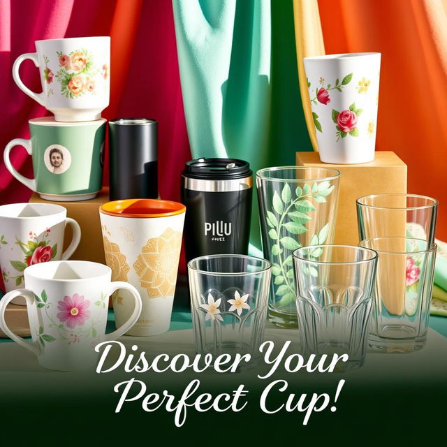 A vibrant advertisement featuring an assortment of beautiful and stylish cups