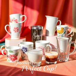 A vibrant advertisement featuring an assortment of beautiful and stylish cups