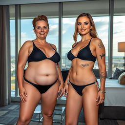 Scarlett, a woman in her 40s with a chunkier body and a few soft rolls, and her stepdaughter Amanda, in her 20s, both confidently showing off their extremely minimal thong bikinis