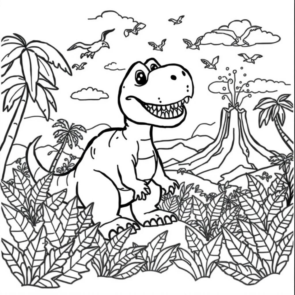 A coloring book page featuring a whimsical dinosaur landscape