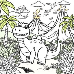 A coloring book page featuring a whimsical dinosaur landscape
