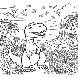 A coloring book page featuring a whimsical dinosaur landscape