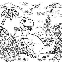 A coloring book page featuring a whimsical dinosaur landscape