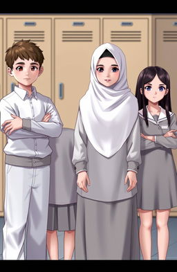 Digital art depicting two boys and two girls in a school setting