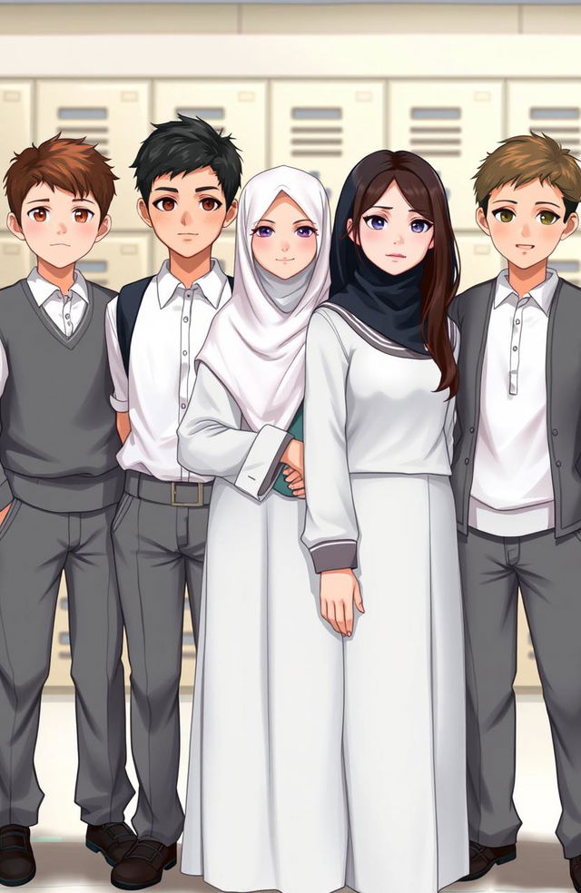 Digital art depicting two boys and two girls in a school setting