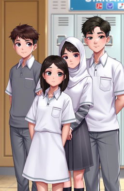 Digital art depicting two boys and two girls in a school setting