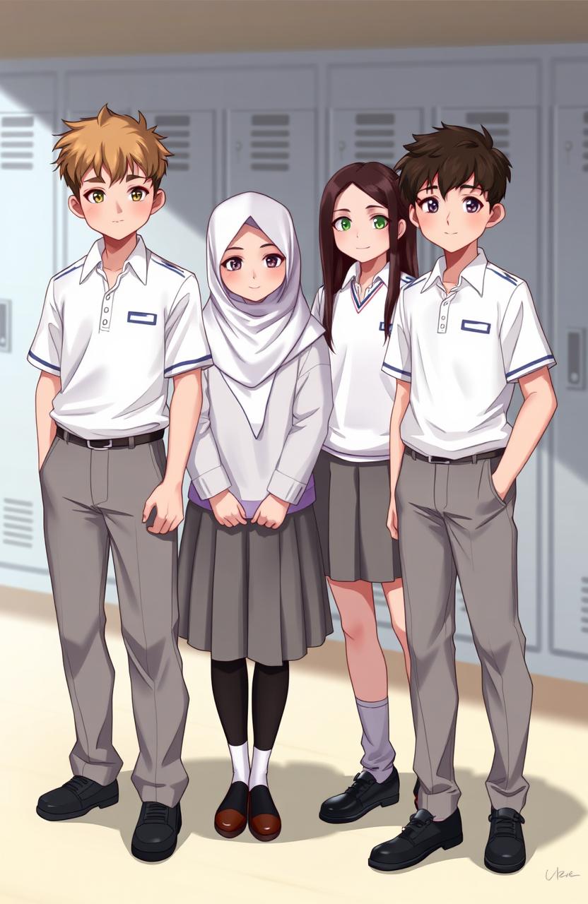 Digital art depicting two boys and two girls in a school setting