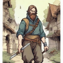 A high-quality comic-style illustration portrays a homeless vagrant as a fantasy DnD fighter in a medieval village