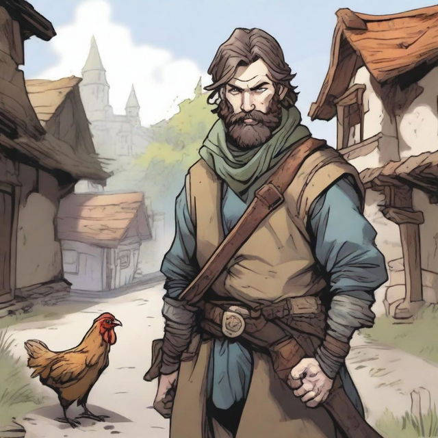 A high-quality comic-style illustration portrays a homeless vagrant as a fantasy DnD fighter in a medieval village