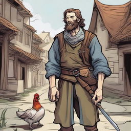 A high-quality comic-style illustration portrays a homeless vagrant as a fantasy DnD fighter in a medieval village