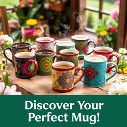 A colorful advertisement showcasing a variety of beautiful mugs, each uniquely designed with intricate patterns and vibrant colors