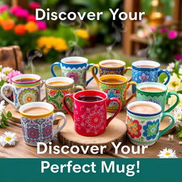 A colorful advertisement showcasing a variety of beautiful mugs, each uniquely designed with intricate patterns and vibrant colors