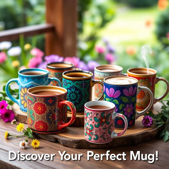 A colorful advertisement showcasing a variety of beautiful mugs, each uniquely designed with intricate patterns and vibrant colors