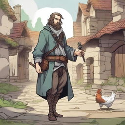 A high-quality comic-style illustration portrays a homeless vagrant as a fantasy DnD fighter in a medieval village