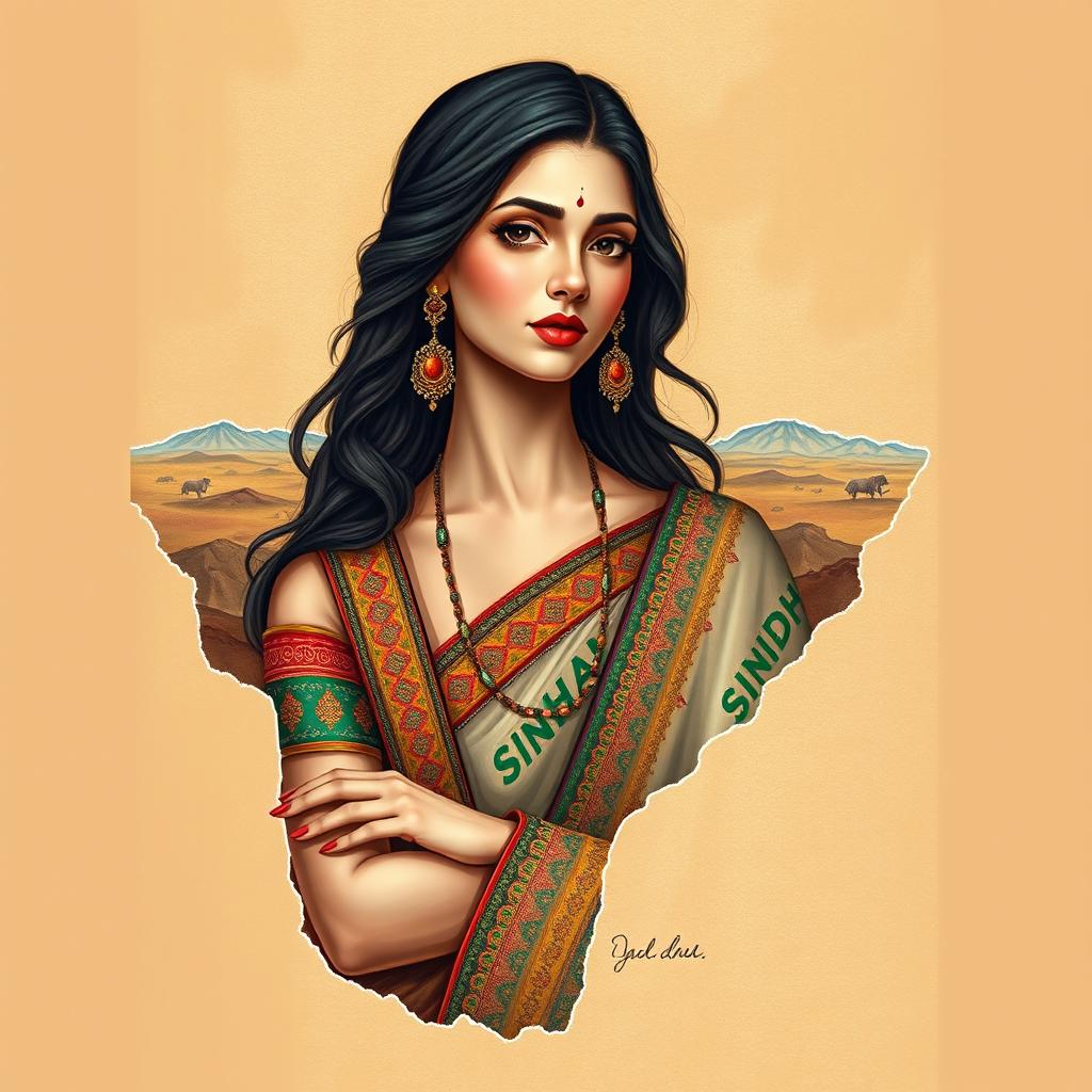 A beautiful female figure elegantly painted within the outlines of the Sindh map