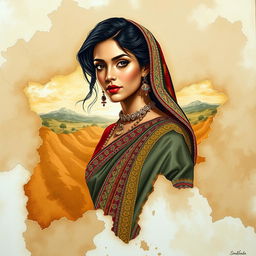 A beautiful female figure elegantly painted within the outlines of the Sindh map