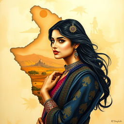 A beautiful female figure elegantly painted within the outlines of the Sindh map
