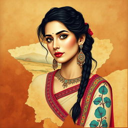 A beautiful female figure elegantly painted within the outlines of the Sindh map