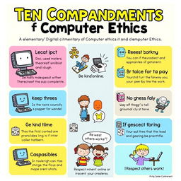 A colorful and engaging digital poster aimed at elementary students that simplifies the Ten Commandments of Computer Ethics
