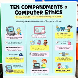 A colorful and engaging digital poster aimed at elementary students that simplifies the Ten Commandments of Computer Ethics