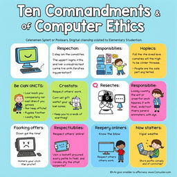 A colorful and engaging digital poster aimed at elementary students that simplifies the Ten Commandments of Computer Ethics