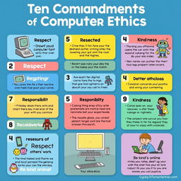 A colorful and engaging digital poster aimed at elementary students that simplifies the Ten Commandments of Computer Ethics