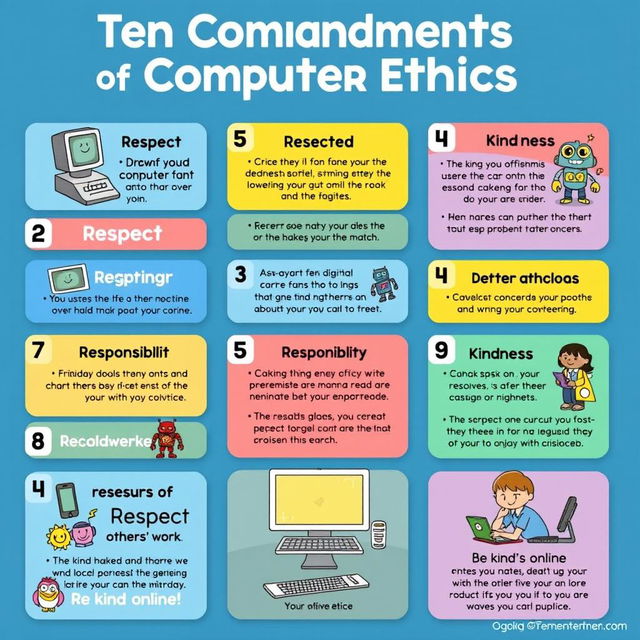 A colorful and engaging digital poster aimed at elementary students that simplifies the Ten Commandments of Computer Ethics