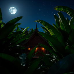 A serene night scene in a lush banana forest featuring a traditional Thai building in the center