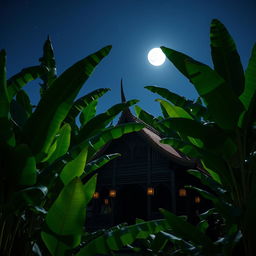 A serene night scene in a lush banana forest featuring a traditional Thai building in the center