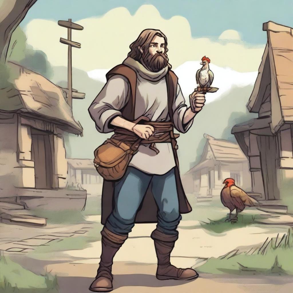 A high-quality comic-style illustration presents a homeless vagrant as a fantasy DnD fighter in a medieval village