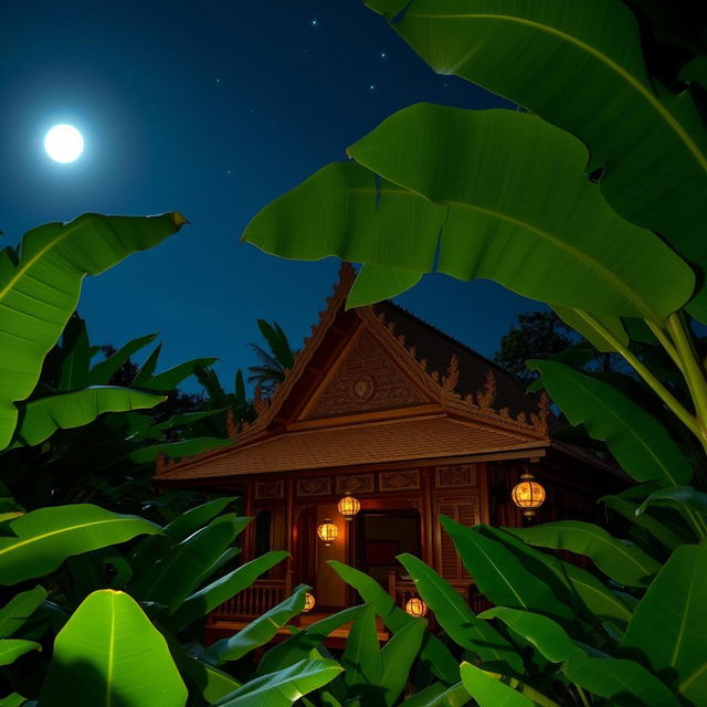 A serene night scene in a lush banana forest featuring a traditional Thai building in the center