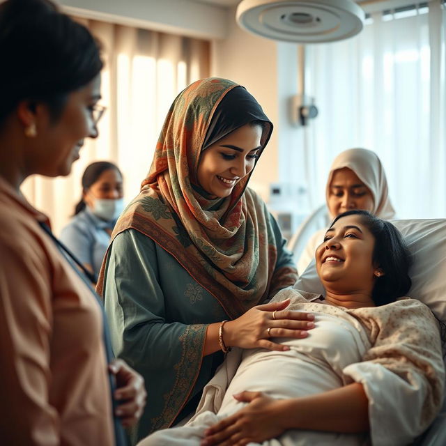 A beautiful and serene scene depicting a woman in a hospital setting, dressed in a colorful hijab, providing support to another woman in labor