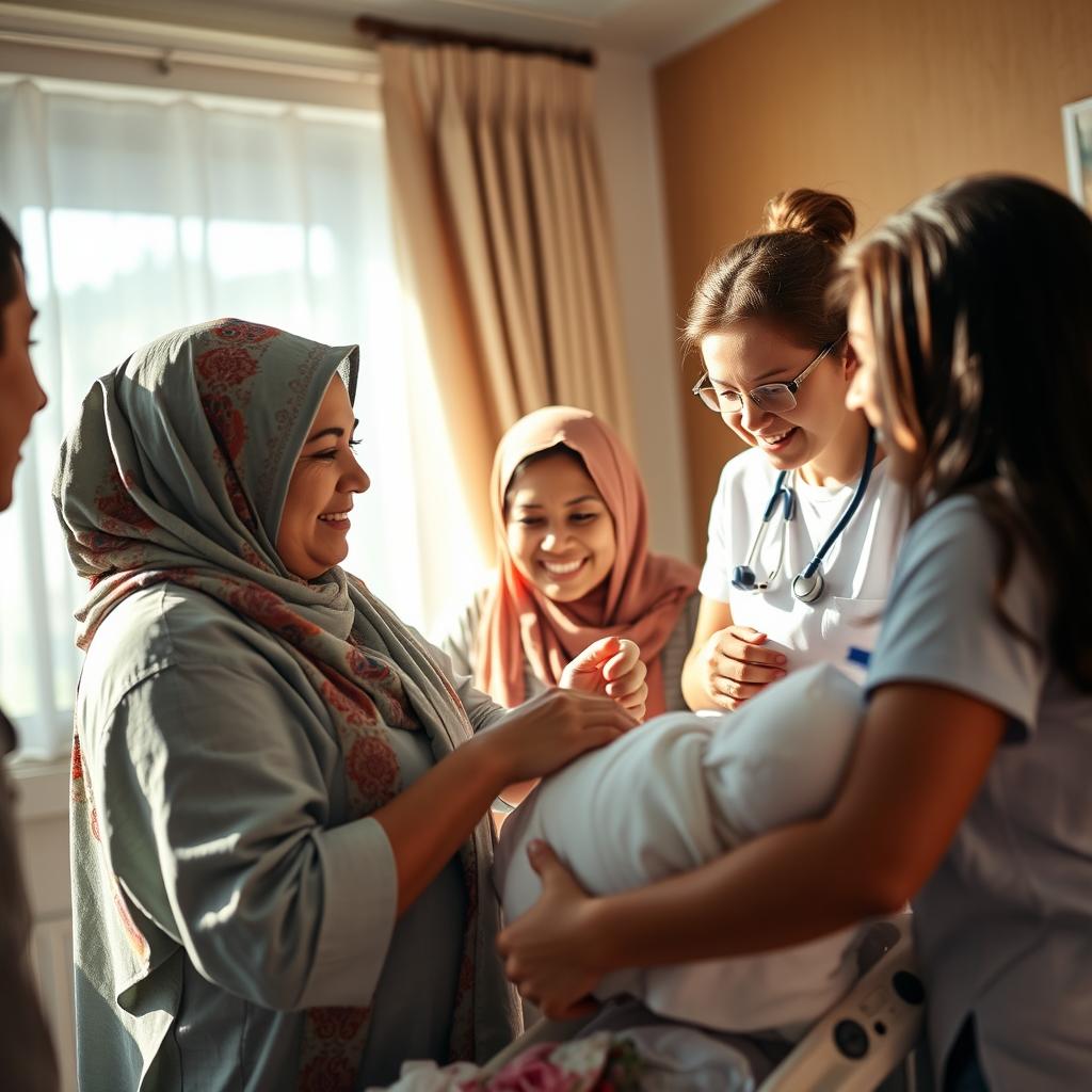 A beautiful and serene scene depicting a woman in a hospital setting, dressed in a colorful hijab, providing support to another woman in labor