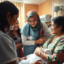 A beautiful and serene scene depicting a woman in a hospital setting, dressed in a colorful hijab, providing support to another woman in labor