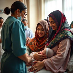 A beautiful and serene scene depicting a woman in a hospital setting, dressed in a colorful hijab, providing support to another woman in labor