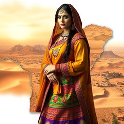A stunning female figure adorned in traditional Thar cultural dress, seamlessly integrated within the contours of the Sindh map