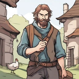 A high-quality comic-style illustration presents a homeless vagrant as a fantasy DnD fighter in a medieval village