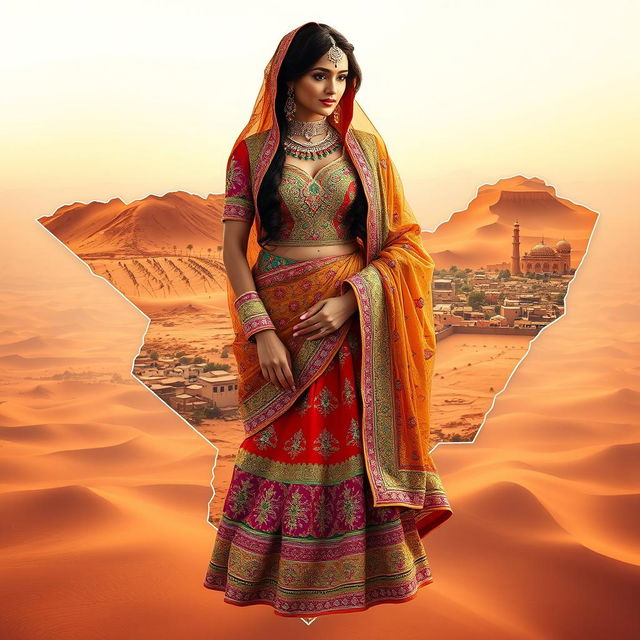 A stunning female figure adorned in traditional Thar cultural dress, seamlessly integrated within the contours of the Sindh map