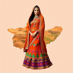 A stunning female figure adorned in traditional Thar cultural dress, seamlessly integrated within the contours of the Sindh map