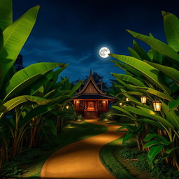 A serene banana forest illuminated by soft moonlight, featuring a winding pathway that leads to a traditional Thai building nestled in the middle