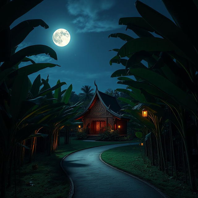 A serene banana forest illuminated by soft moonlight, featuring a winding pathway that leads to a traditional Thai building nestled in the middle