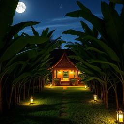 A serene banana forest illuminated by soft moonlight, featuring a winding pathway that leads to a traditional Thai building nestled in the middle