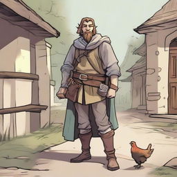 A high-quality comic-style illustration presents a homeless vagrant as a fantasy DnD fighter in a medieval village