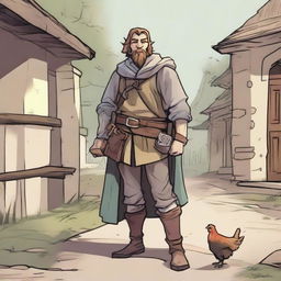 A high-quality comic-style illustration presents a homeless vagrant as a fantasy DnD fighter in a medieval village