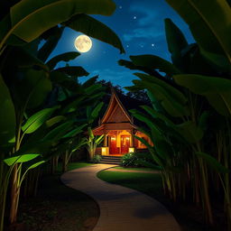 A serene banana forest illuminated by soft moonlight, featuring a winding pathway that leads to a traditional Thai building nestled in the middle