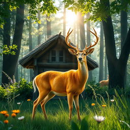 A majestic golden deer gracefully standing near a quaint hut nestled in a lush green forest